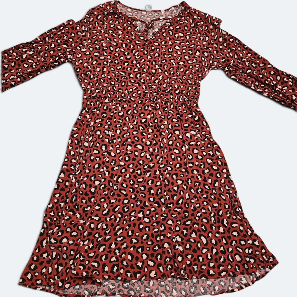 Old Navy Womens Medium Red Leopard Print Long Sleeve Tie Neck Mini Dress